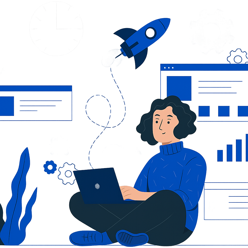 Ilustração de uma pessoa sentada no chão usando um laptop, rodeada por elementos gráficos que representam tecnologia e desenvolvimento, como engrenagens, gráficos, janelas de navegador e um foguete simbolizando crescimento ou lançamento de projeto